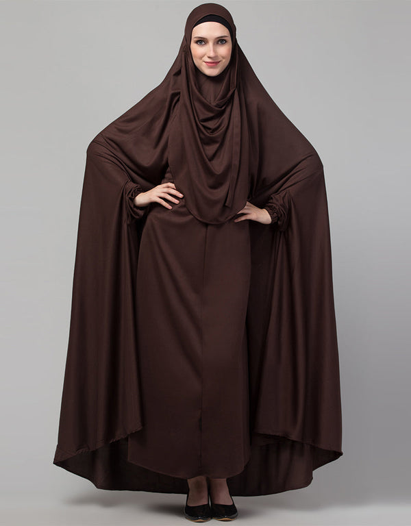Dubai Extra Nose Piece Head To Toe Free Size Jilbab In Brown Color Front View